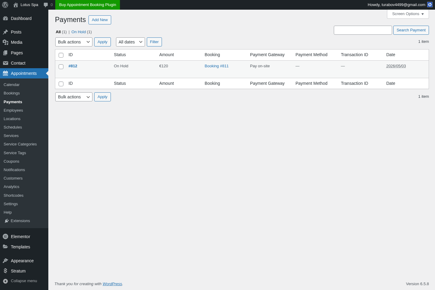 MotoPress admin Payments list — Payment #812 On Hold, €120, Booking #811, Pay on-site
