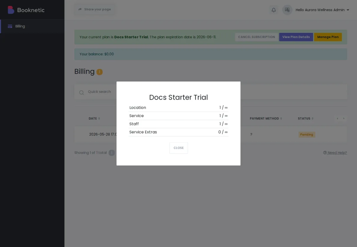 Tenant Billing — Current plan modal showing live usage