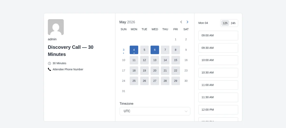 FluentBooking date picker with month calendar grid and available time slots side by side