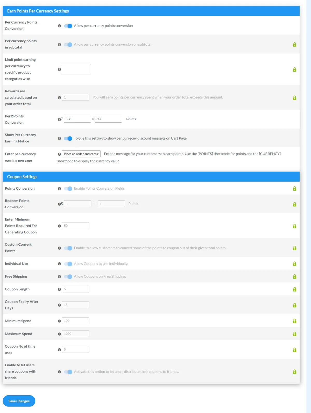 Points and Rewards for WooCommerce plugin admin panel showing earn points per currency settings and coupon redemption configuration