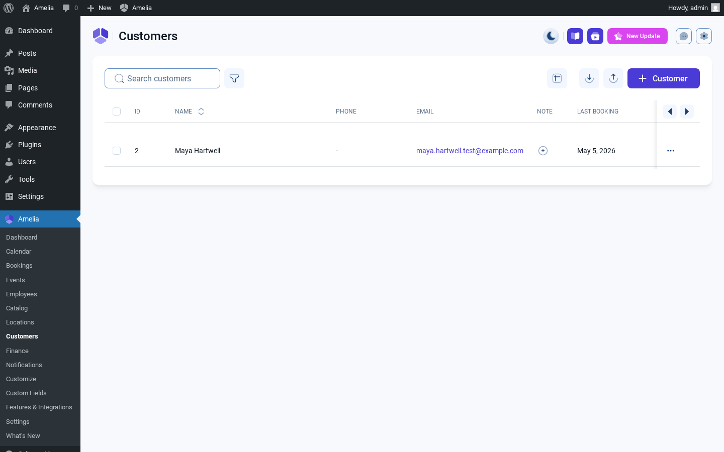 Amelia admin Customers — auto-created customer record