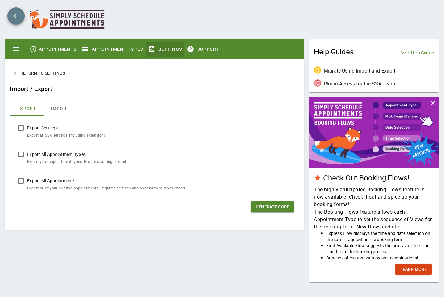 Simply Schedule Appointments — Import / Export panel with Export Settings, Export All Appointment Types and Export All Appointments, plus Generate Code