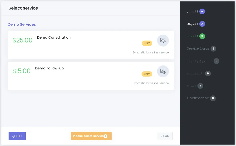 Booknetic regular frontend RTL booking panel showing synthetic service cards and pricing.