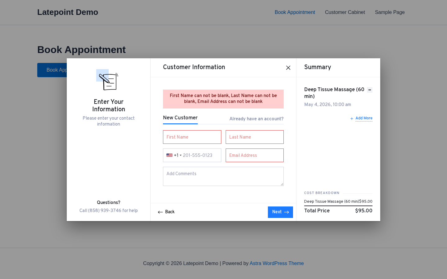 LatePoint Customer Information step — New Customer / Already have an account? tabs