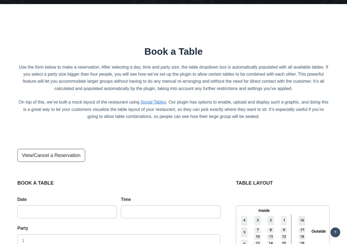 Frontend-Formular des WordPress-Plugins Five Star Restaurant Reservations mit Datum, Uhrzeit und Gruppengröße