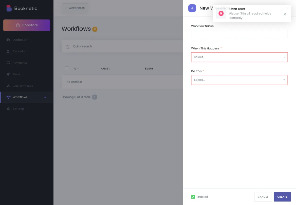 Workflow create panel showing the When / Do this event-and-action selectors