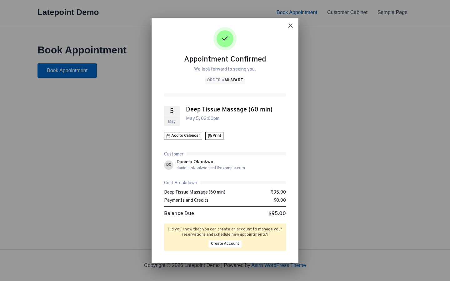 LatePoint Appointment Confirmed page — Order #MLSFART, May 5 02:00 pm, $95.00 Balance Due, Add to Calendar / Print buttons