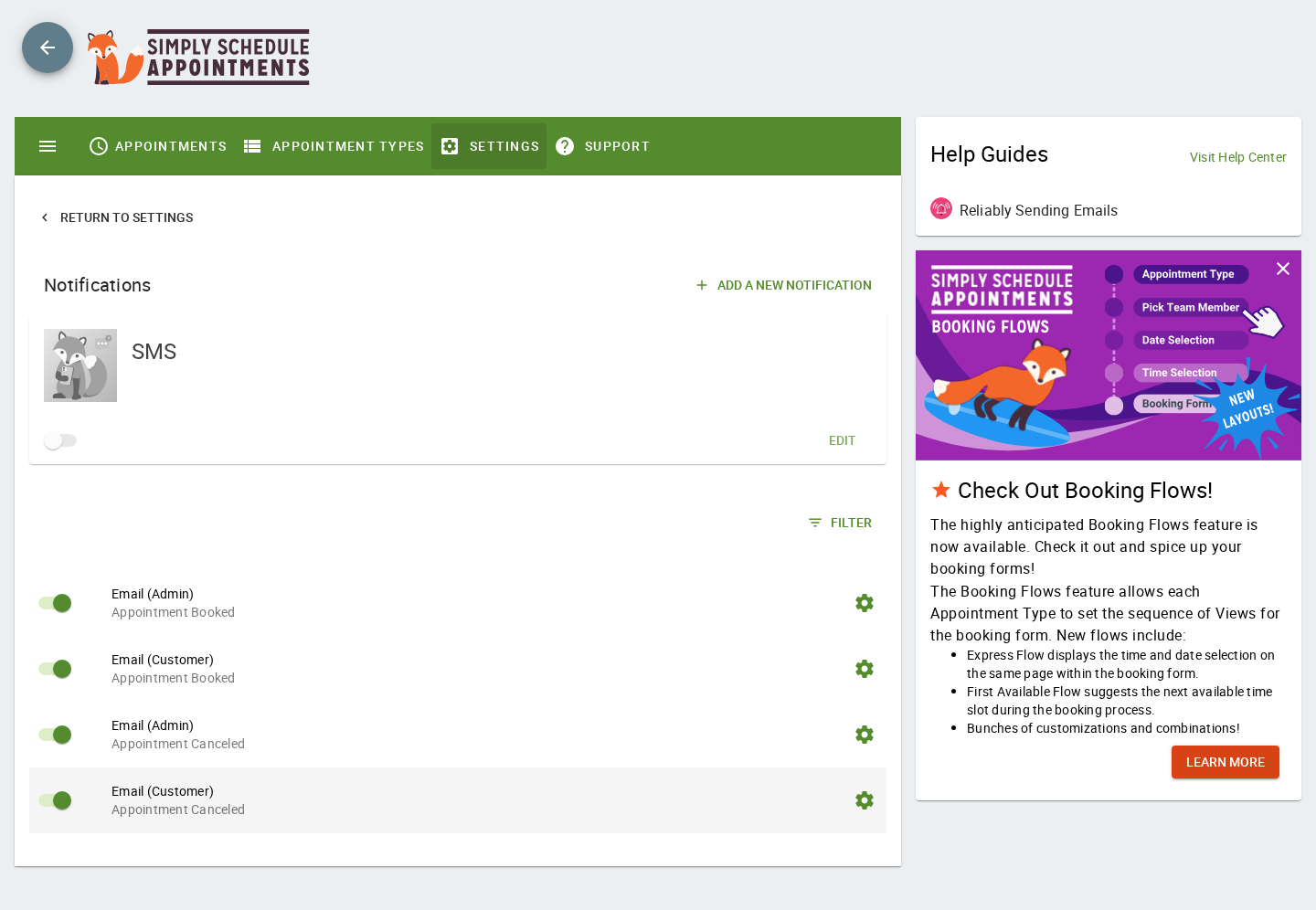 Simply Schedule Appointments — Notifications settings with default Email (Admin) Booked, Email (Customer) Booked, Email (Admin) Canceled, Email (Customer) Canceled templates plus the SMS toggle