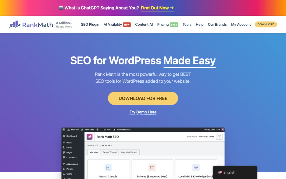 Rank Math WordPress SEO plugin homepage
