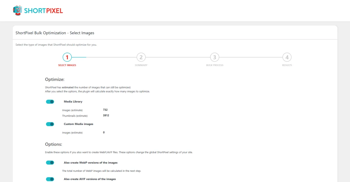 ShortPixel image optimizer compression settings and media library optimization status