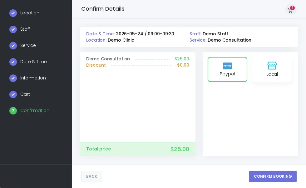 Booknetic checkout confirmation step showing PayPal selected as the payment method beside Local payment.
