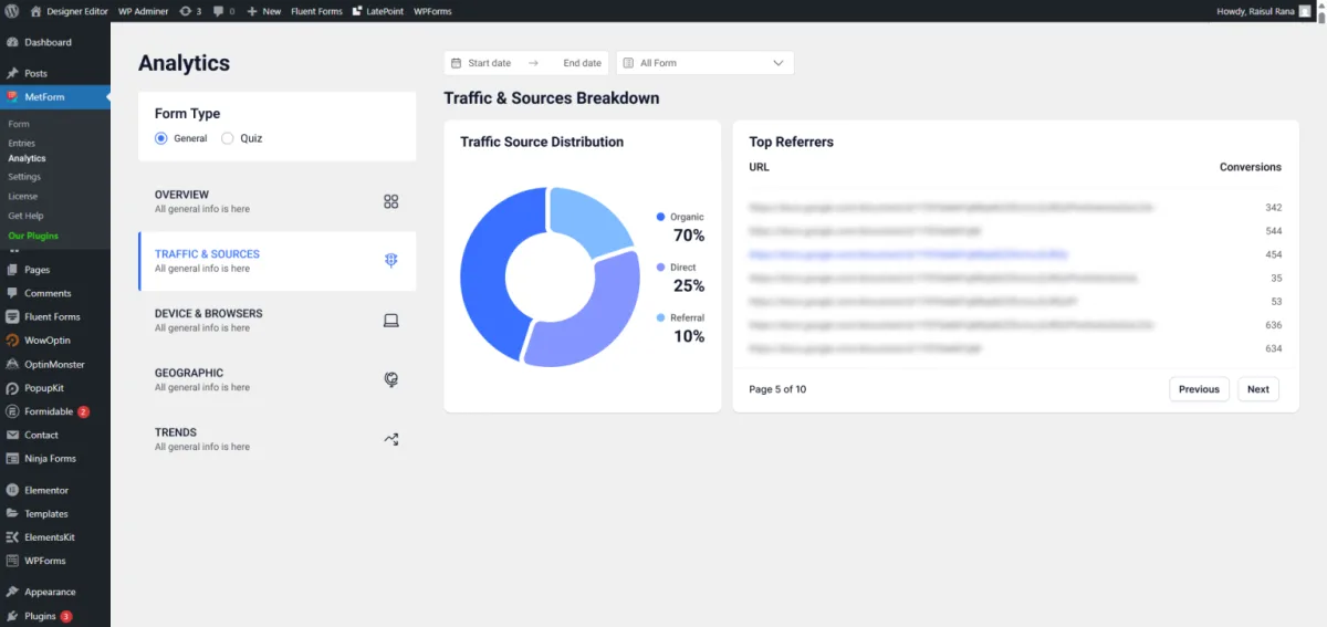MetForm Analytics traffic and sources dashboard showing organic, direct, and referral traffic distribution and top referrers