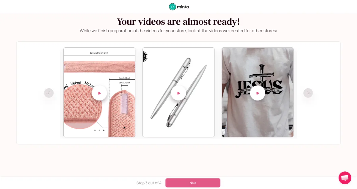 Minta's video creation step showing the product video generation progress bar at an early stage