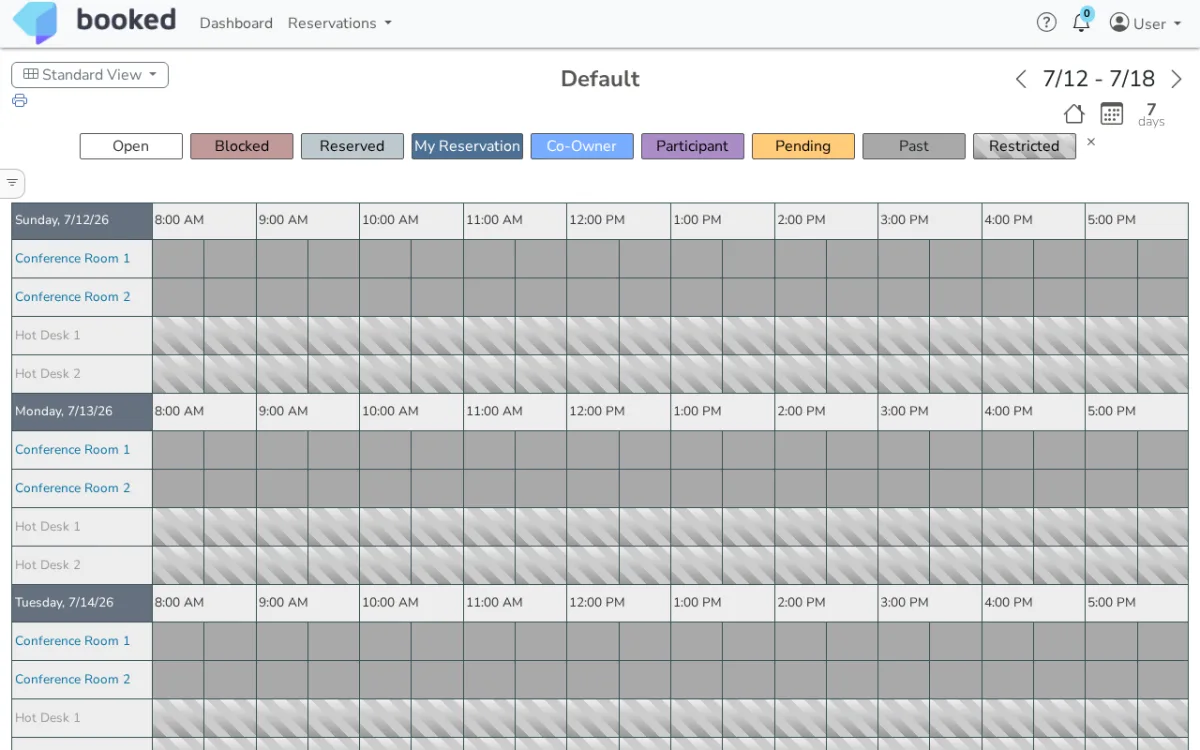 LibreBooking open source resource scheduling calendar showing conference room reservations and available time slots