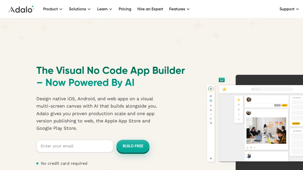 Adalo freeform builder canvas showing a drag-and-drop screen design with components panel open