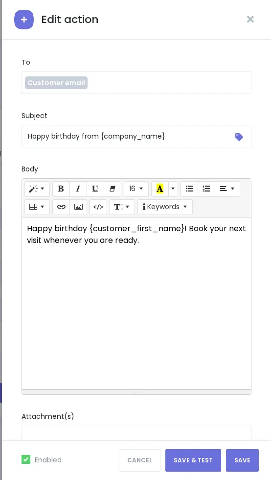 Booknetic regular Send Email workflow action modal with synthetic birthday message copy.