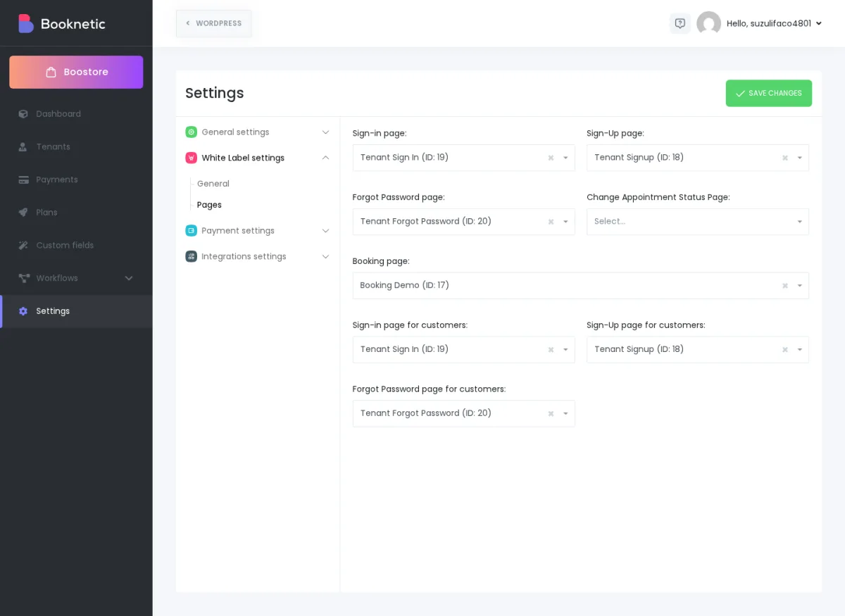 SaaS Settings screen used as the Pages and Booking page setup anchor