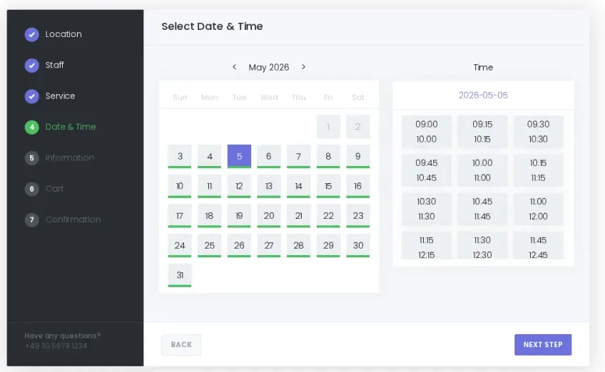 Booknetic Date and Time step showing a clean calendar and slot grid that makes selection fast
