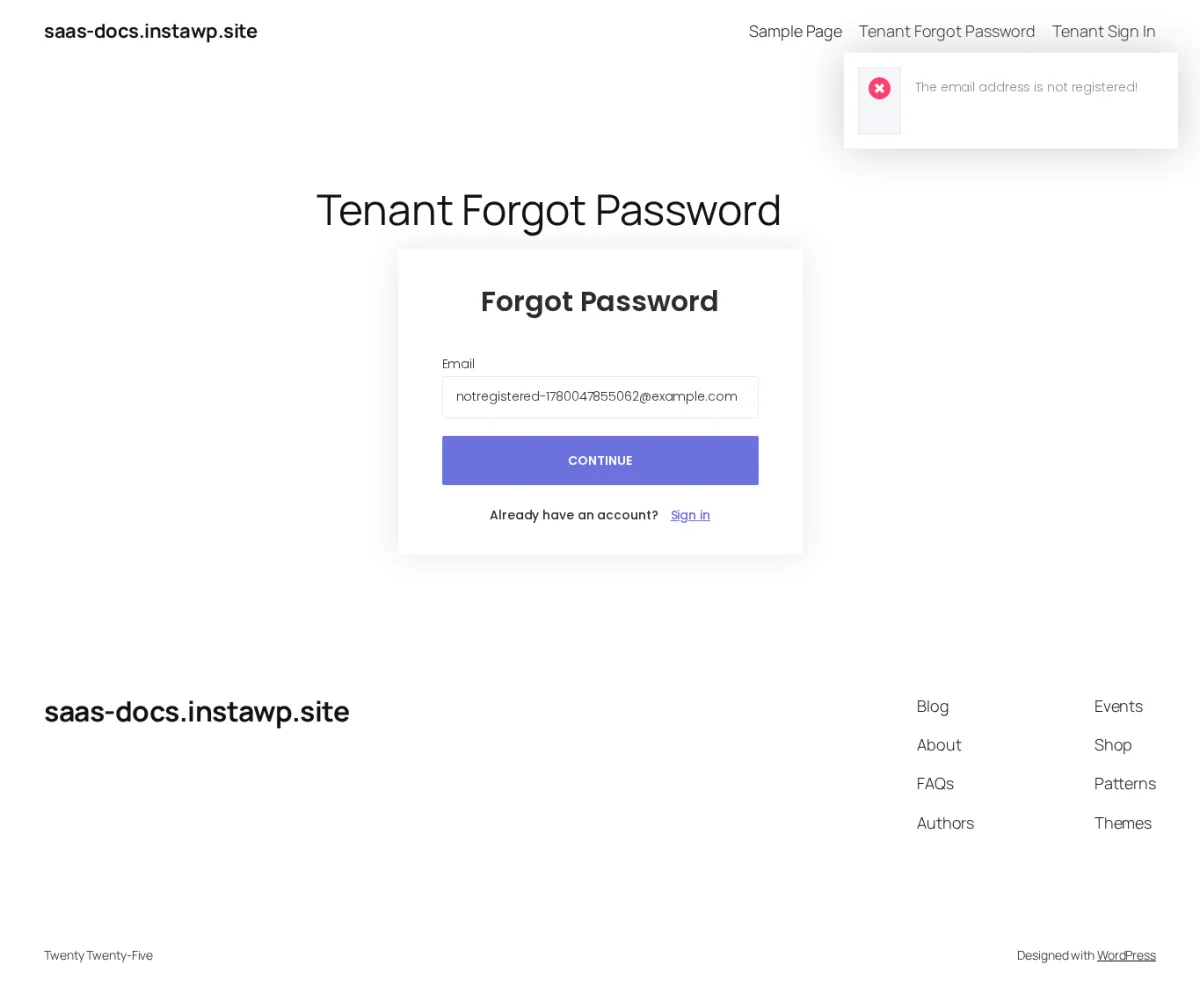 Tenant forgot password page showing the error message The email address is not registered!