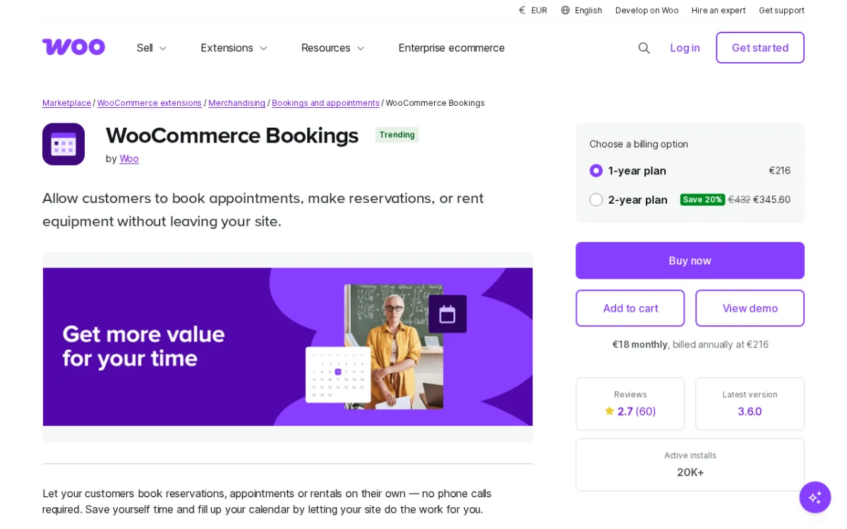 WooCommerce Bookings product page showing pricing, reviews, and active installs