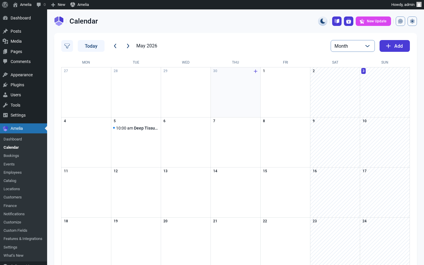 Amelia admin Calendar — Month view, with view-switcher dropdown