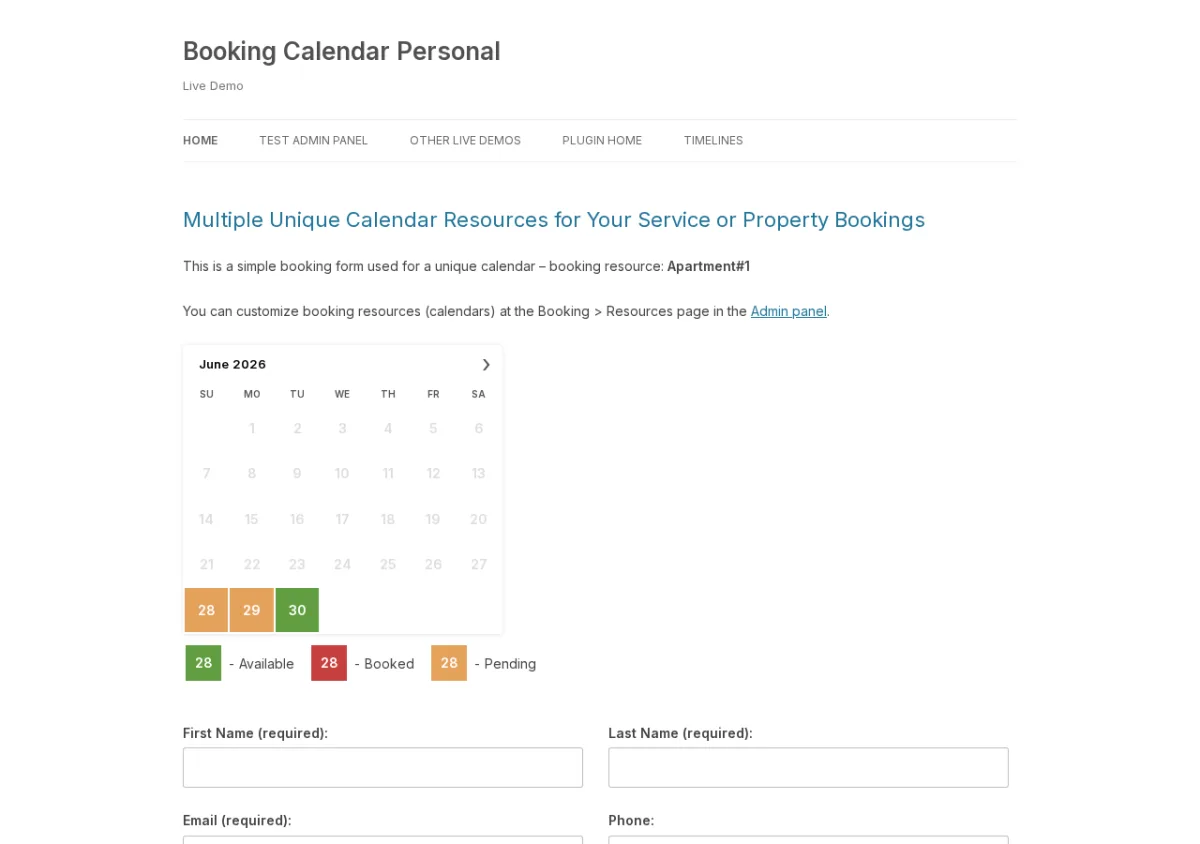Frontend-Monatskalender des Plugins WP Booking Calendar mit Verfügbarkeit und Buchungsanfrageformular