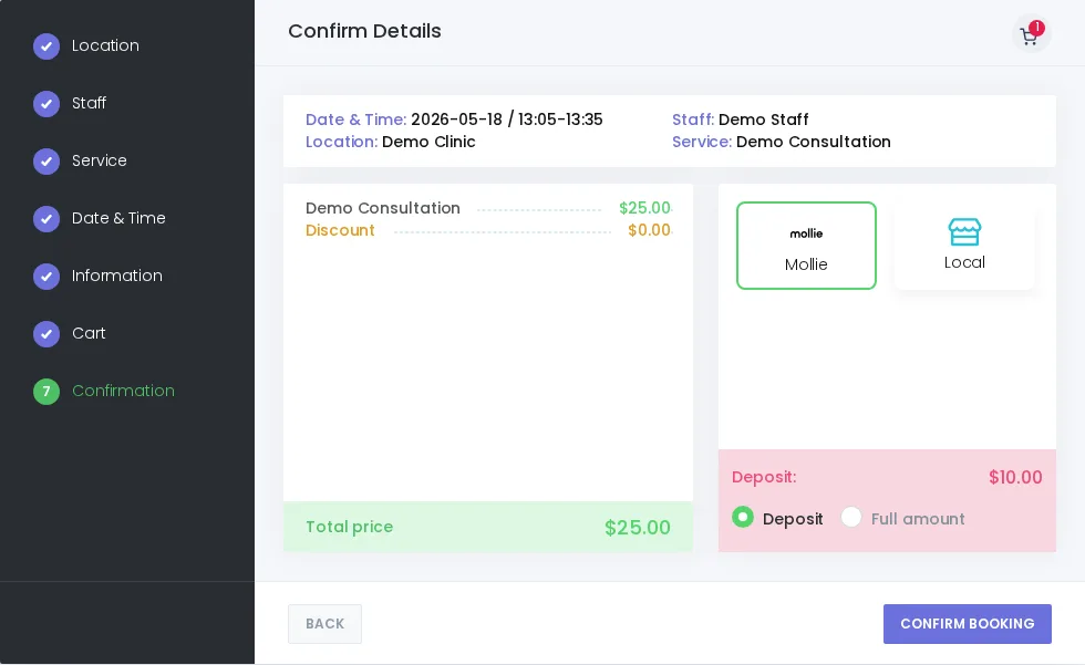 Booknetic checkout confirmation screen showing a $25 total, $10 deposit, and Deposit or Full amount radio options.