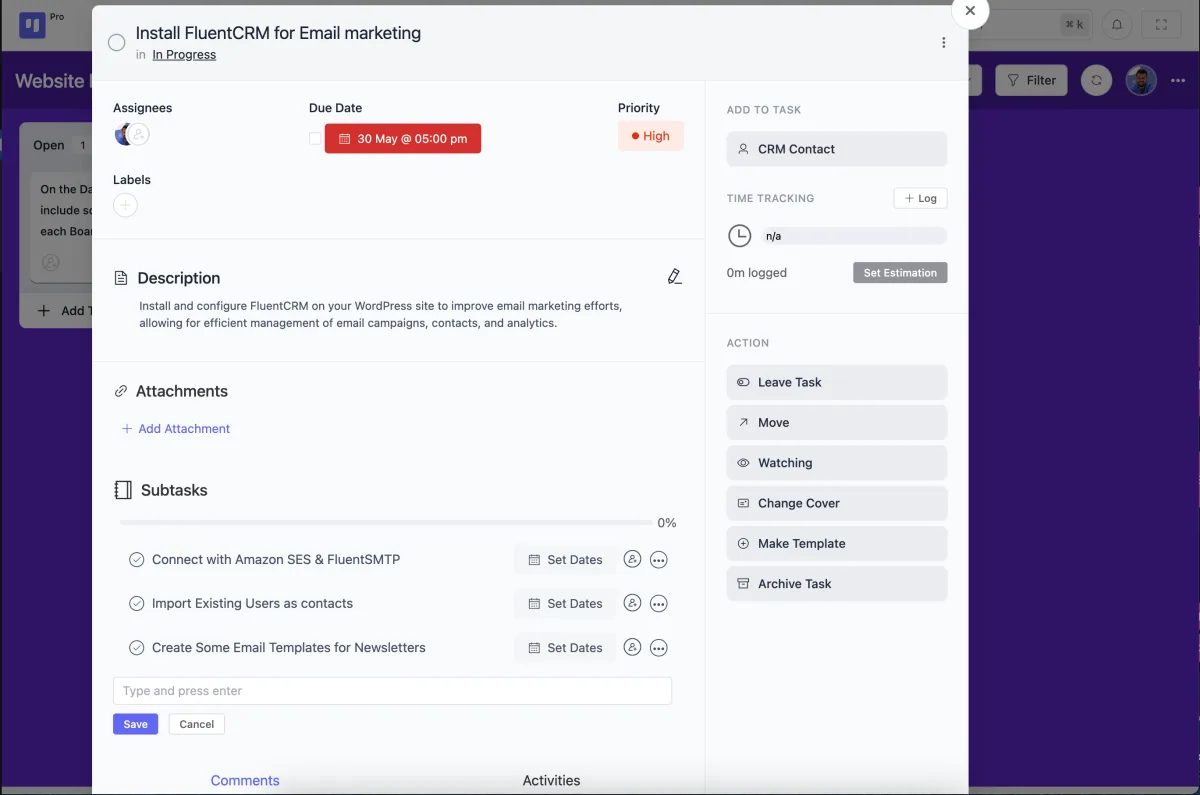 FluentBoards single task view showing task details, subtasks, comments, and assignee information