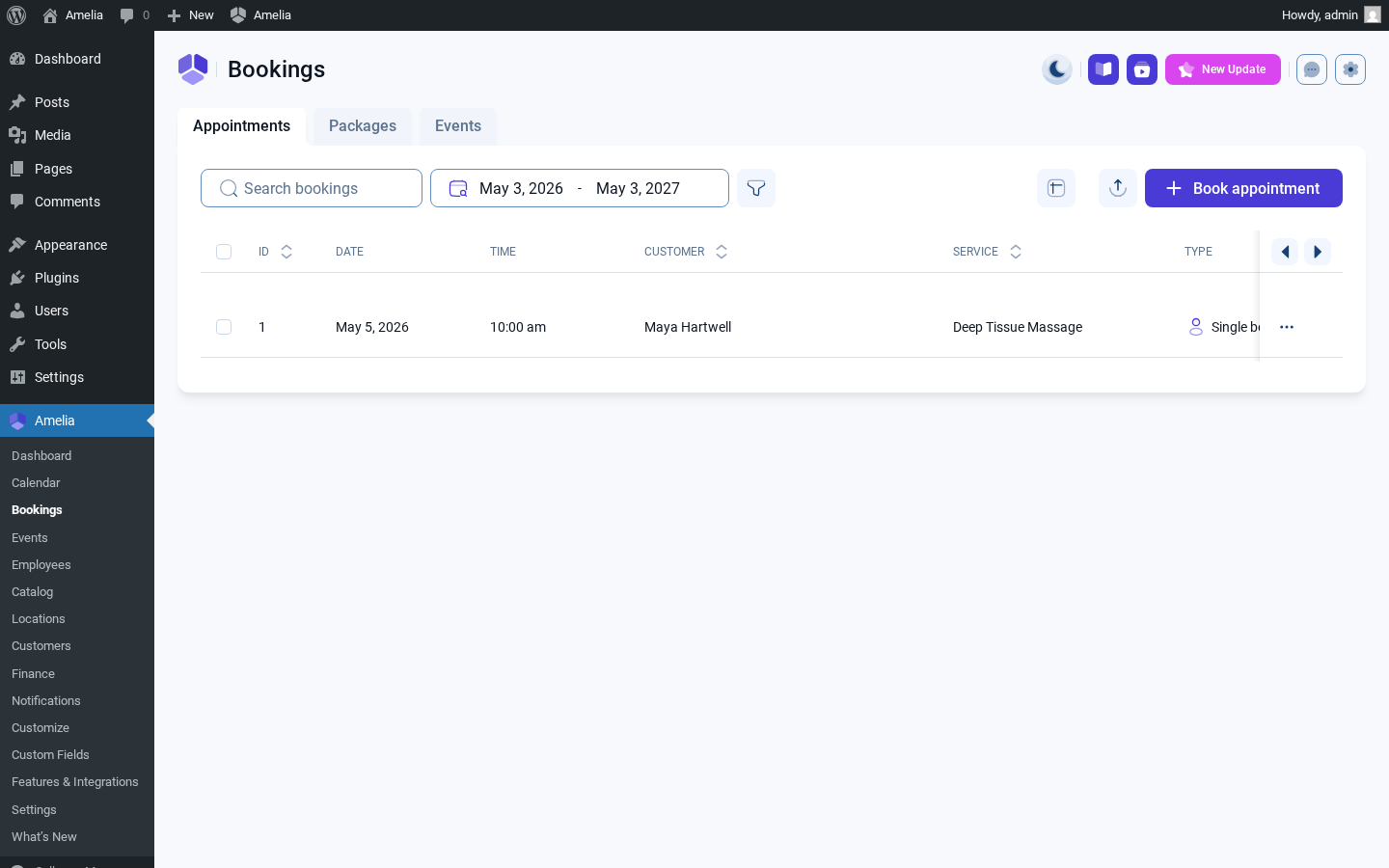 Amelia admin Bookings — Appointments tab with the new booking