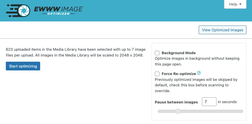 EWWW Image Optimizer bulk optimization page showing media library progress and savings