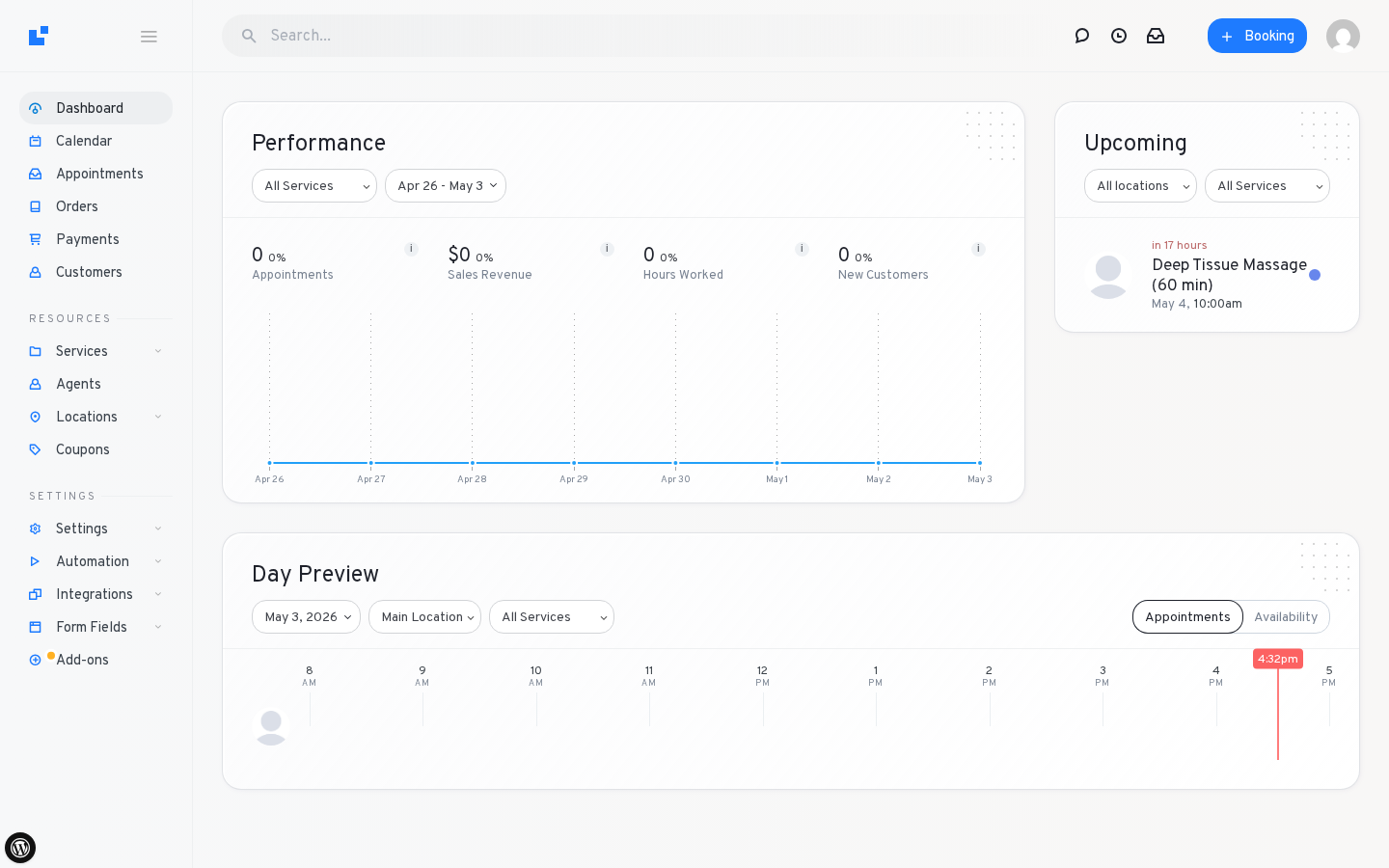 LatePoint admin Dashboard — Performance, Upcoming and Day Preview cards inside the LatePoint chrome