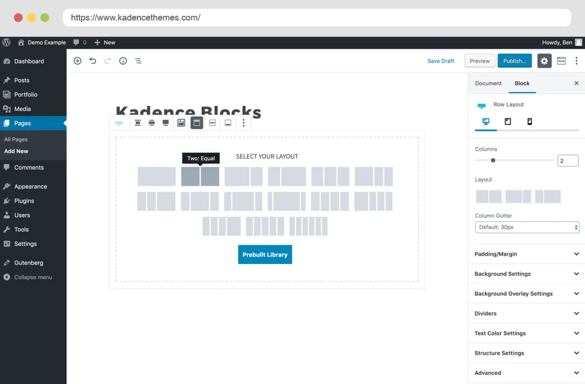 Kadence Blocks Row Layout editor in Gutenberg