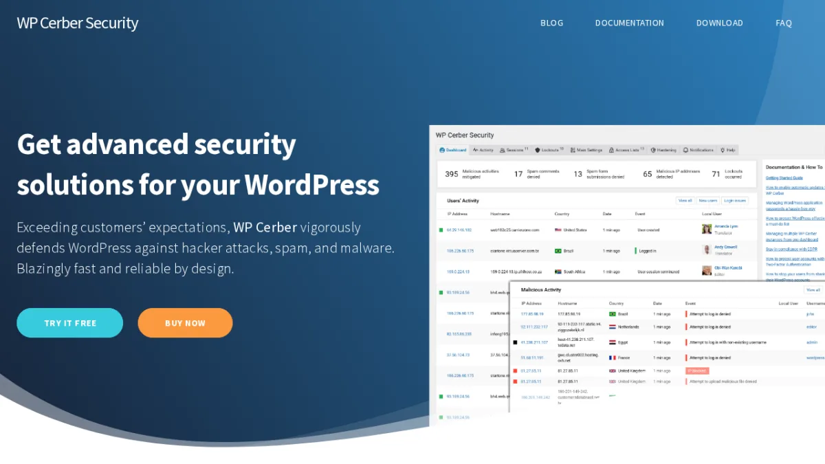 Screenshot der WP Cerber Sicherheits-Plugin-Website