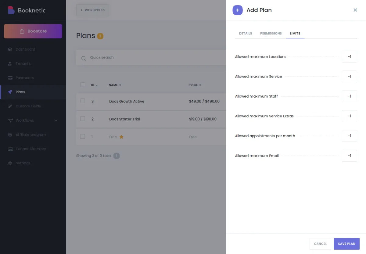 Plan editor — Limits tab with the appointments row set to -1 (unlimited)