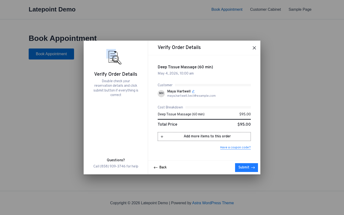 LatePoint Verify Order Details — full order summary with Submit button
