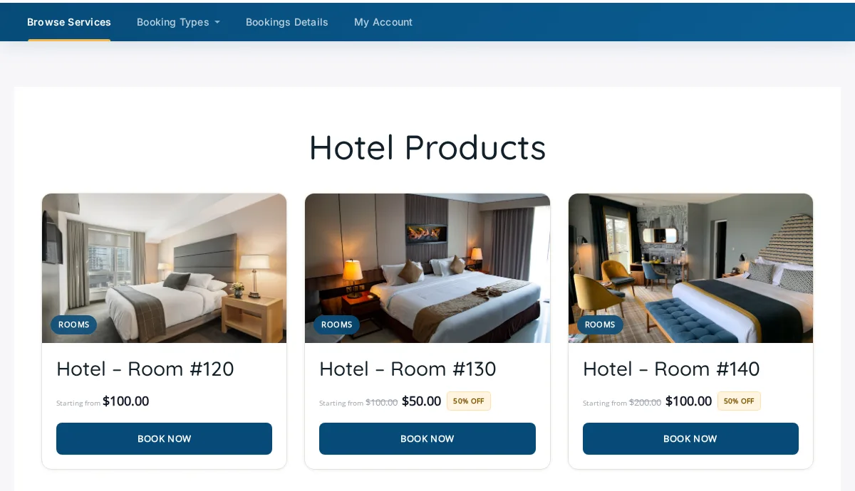 WooCommerce Bookings by WooNinjas hotel room listing and booking interface