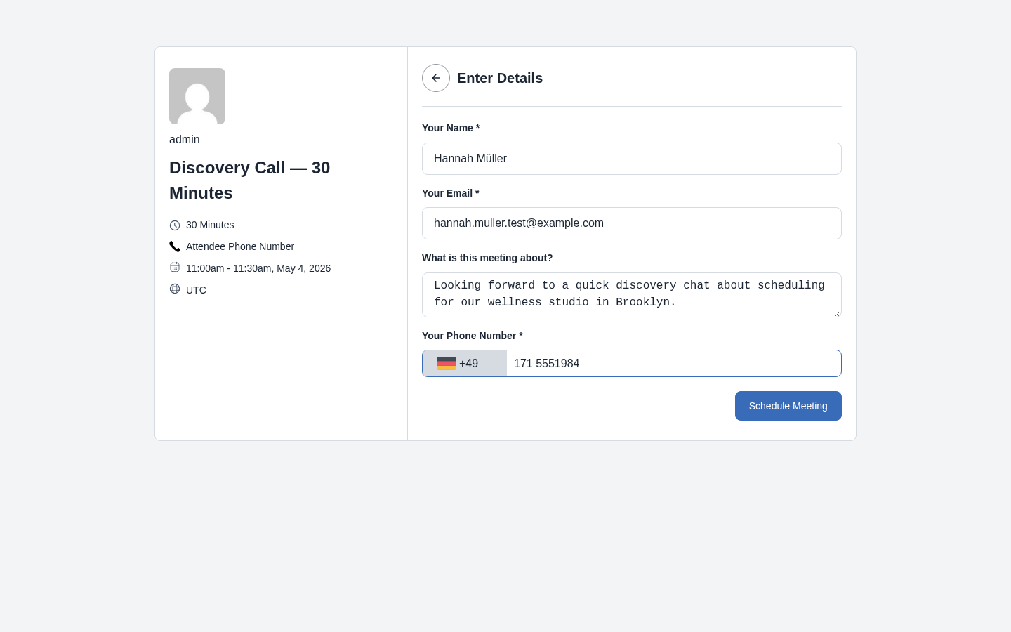 FluentBooking attendee form with Name, Email, What is this meeting about, Phone Number with country code selector, and Schedule Meeting button
