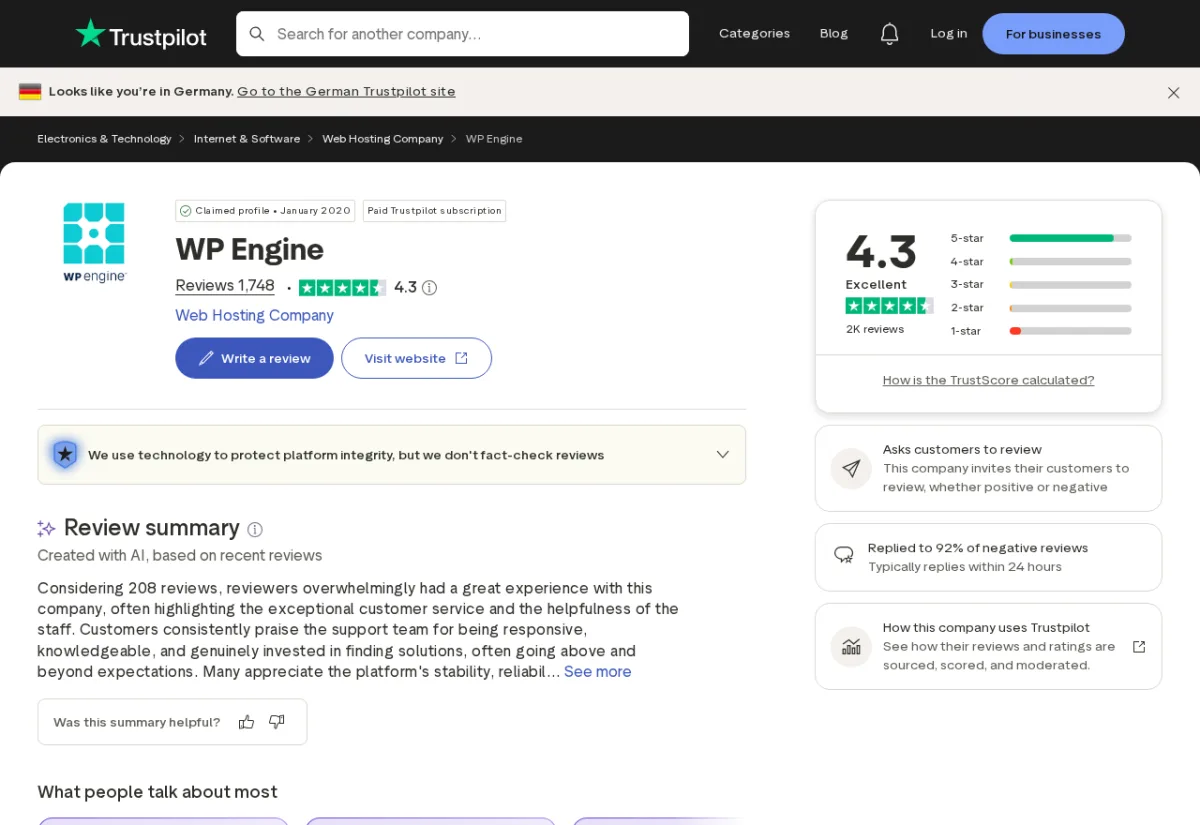 Resumen de reseñas de WP Engine en Trustpilot