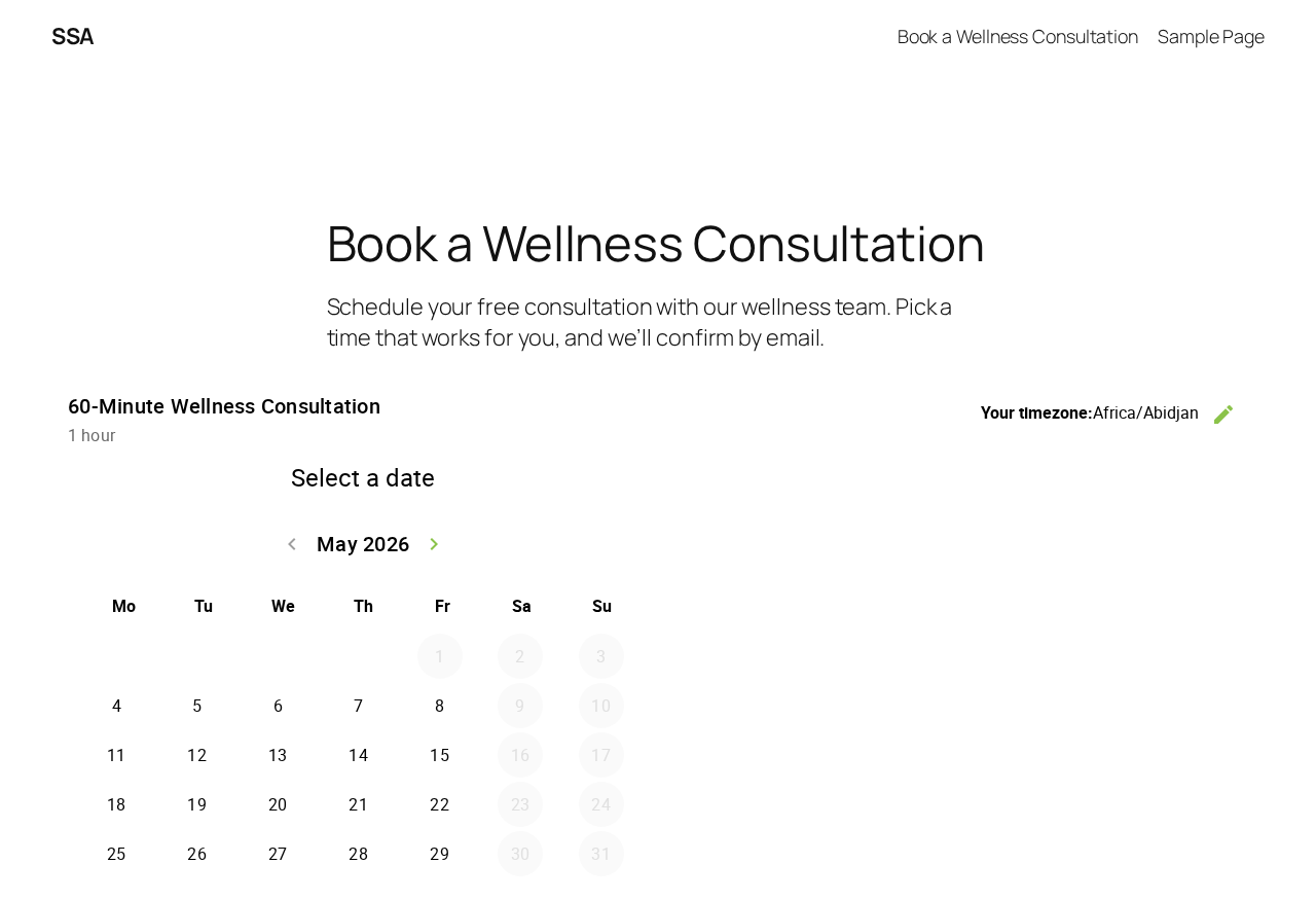 Simply Schedule Appointments front-end booking widget — Express flow rendering a full May 2026 month grid