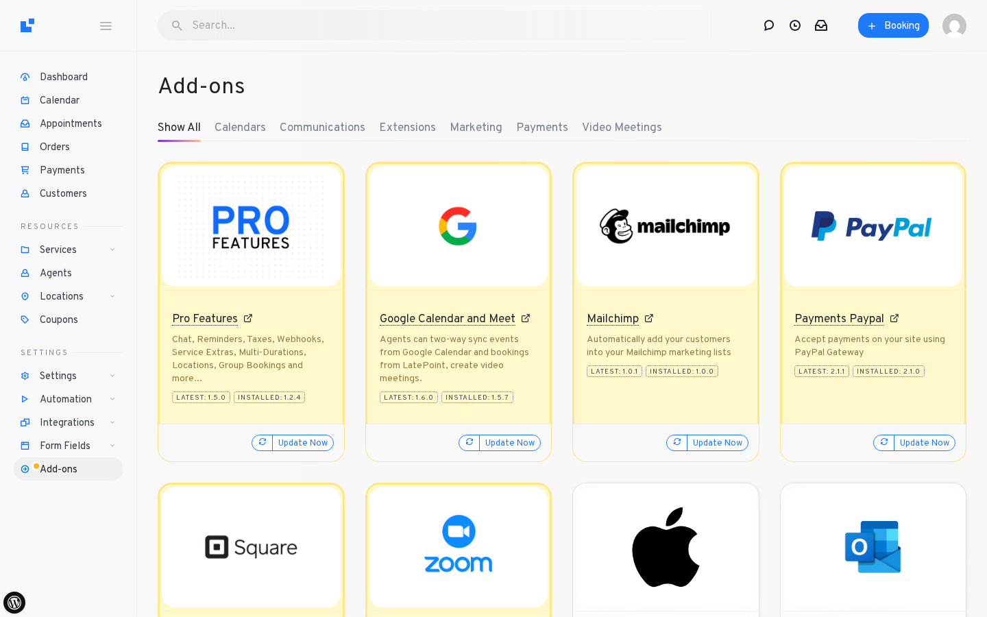 LatePoint Add-ons catalogue — Calendars, Communications, Marketing, Payments and Video Meetings tiles