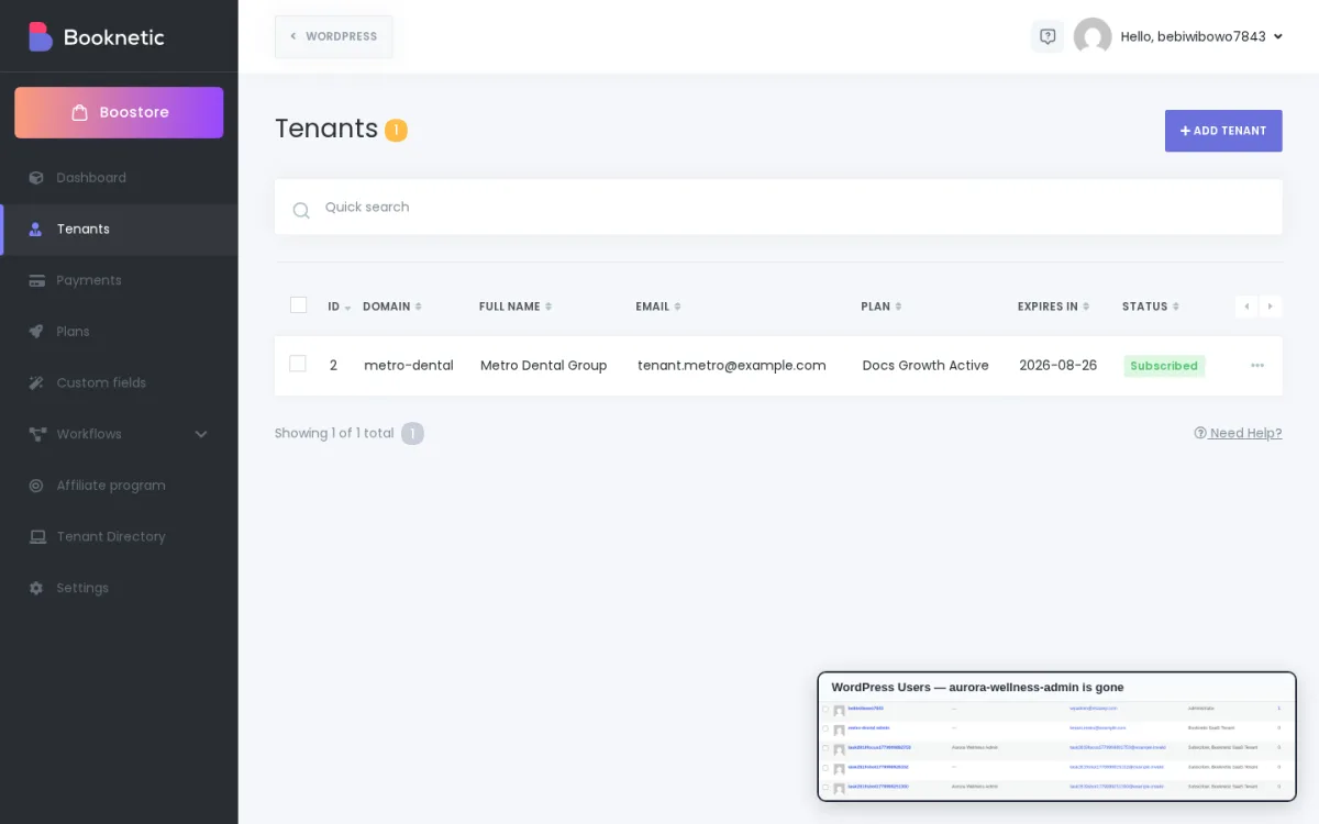 SaaS admin Tenants list after a tenant has been deleted — the deleted tenant row is gone, with an inset of WordPress Users confirming the corresponding WP user has been removed as well