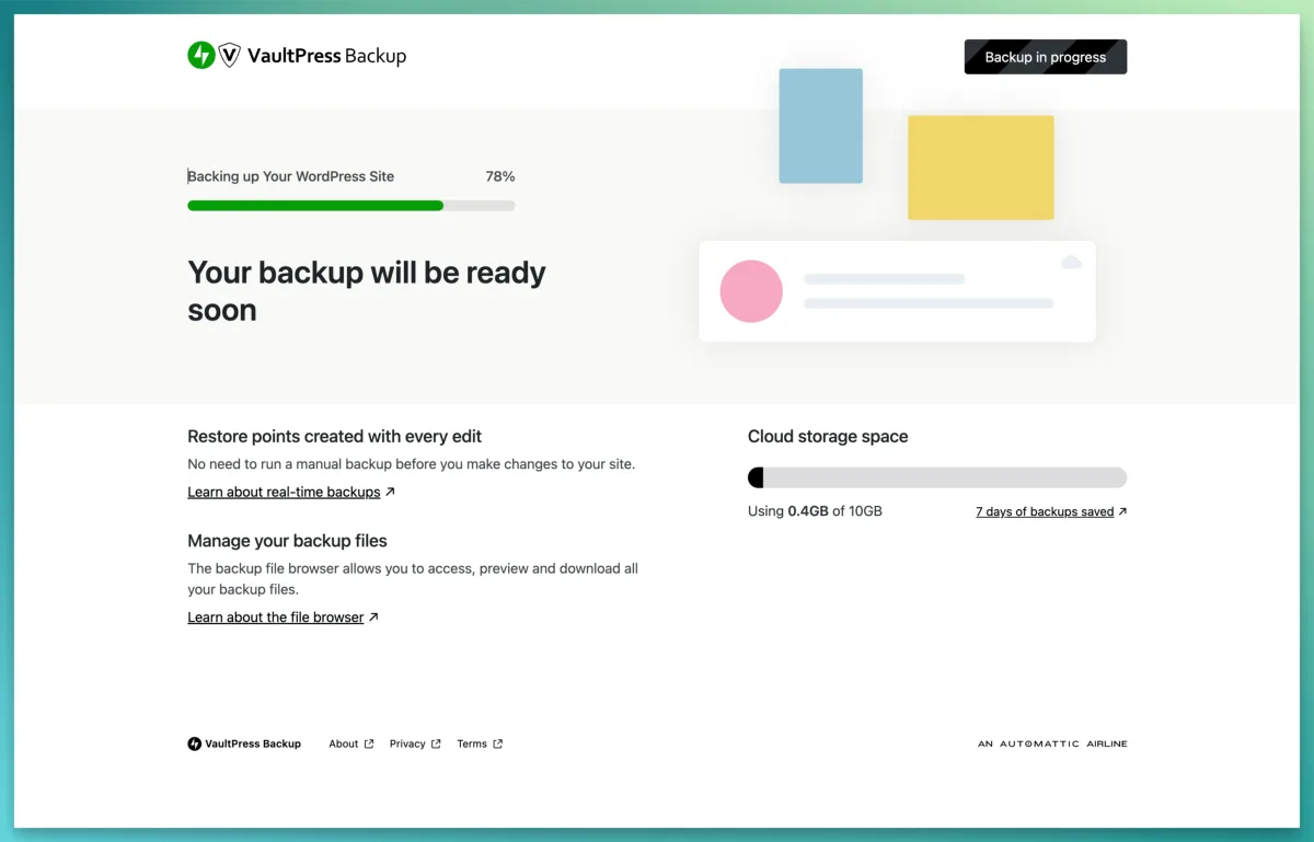 Jetpack Backup activity log showing recent WordPress events and point-in-time restore interface