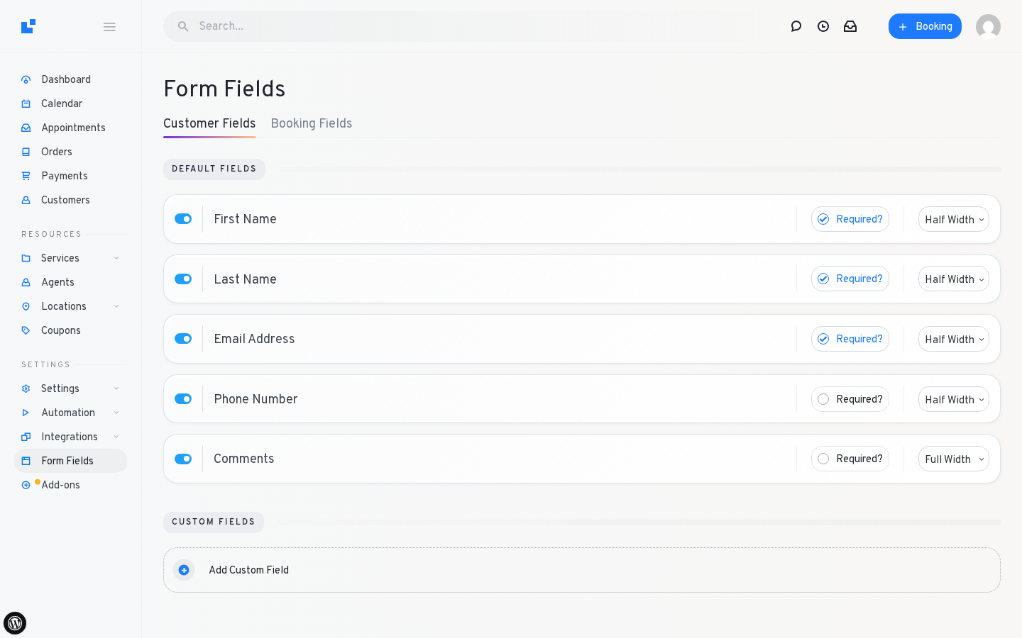 LatePoint Form Fields — default fields with Required + Width toggles