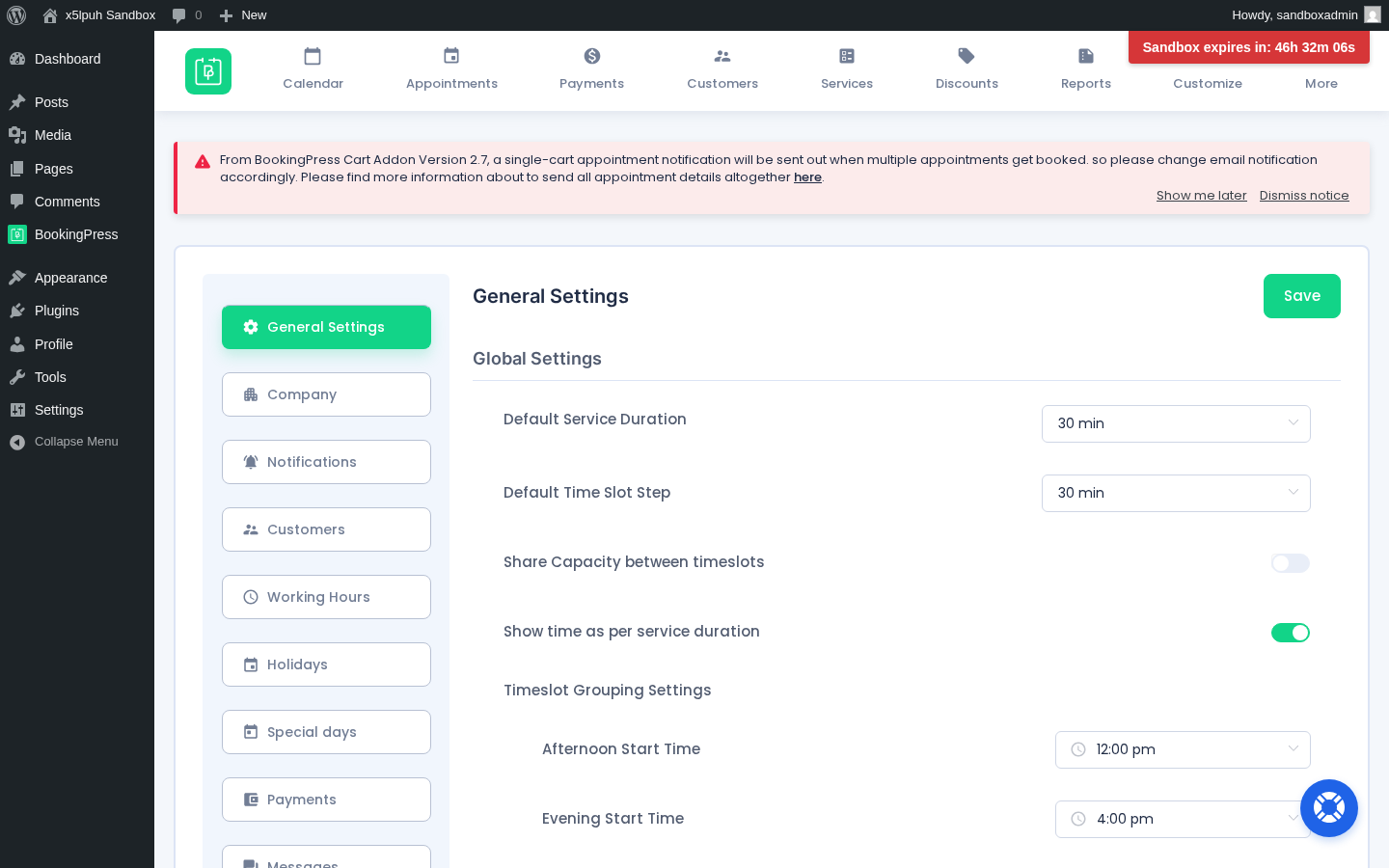 BookingPress admin Settings — General Settings with Default Service Duration, Default Time Slot Step, Timeslot Grouping