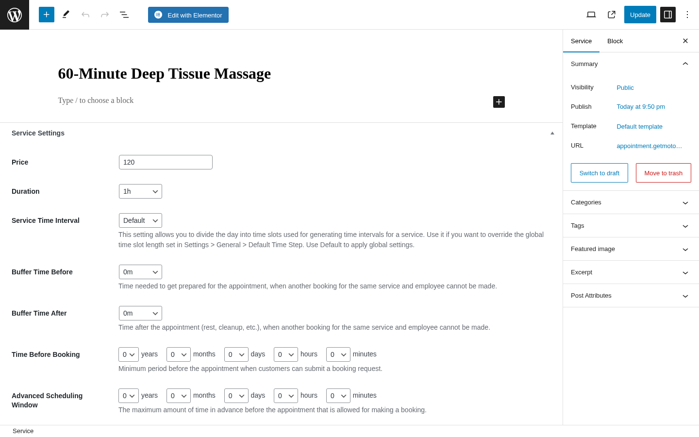 MotoPress admin Service edit — Service Settings, Group Booking, Appearance, Eligible Employees, Deposit Settings