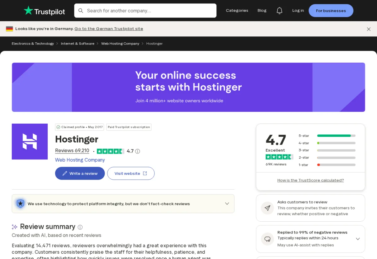 Resumen de reseñas de Hostinger en Trustpilot