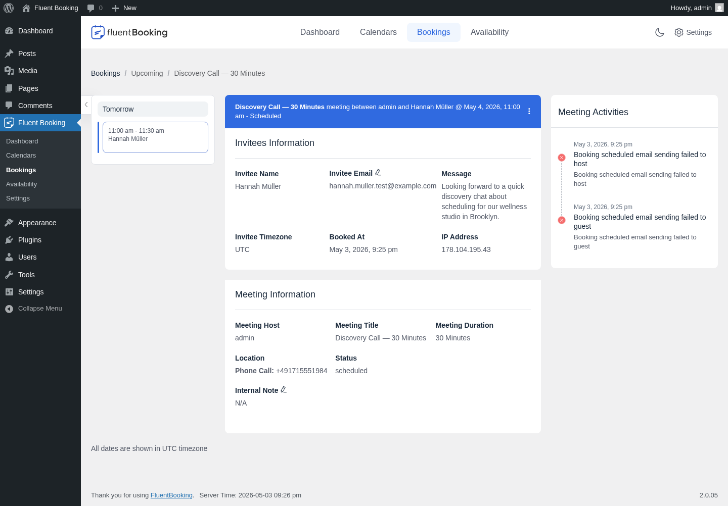 FluentBooking booking detail with Invitees Information, Meeting Information and Meeting Activities log