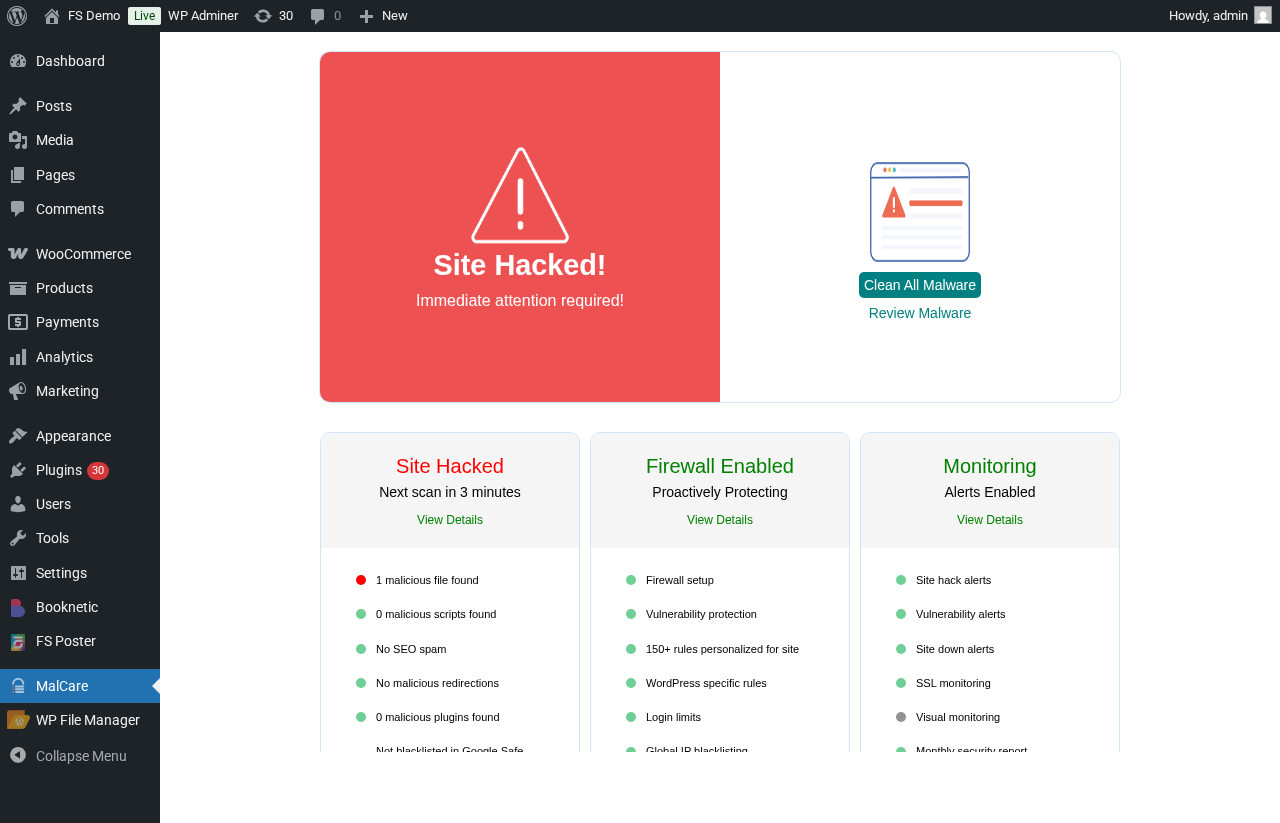 Panel de MalCare mostrando un archivo infectado detectado