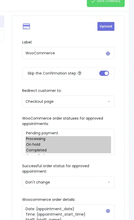 WooCommerce-Einstellungsbereich in Booknetic mit genehmigten Termin-Bestellstatus und Verhalten für erfolgreichen Bestellstatus.