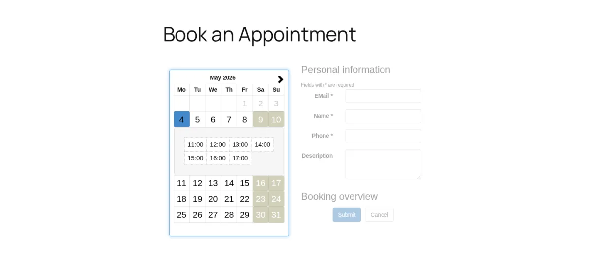 Easy Appointments booking widget with calendar on the left and Personal Information form on the right